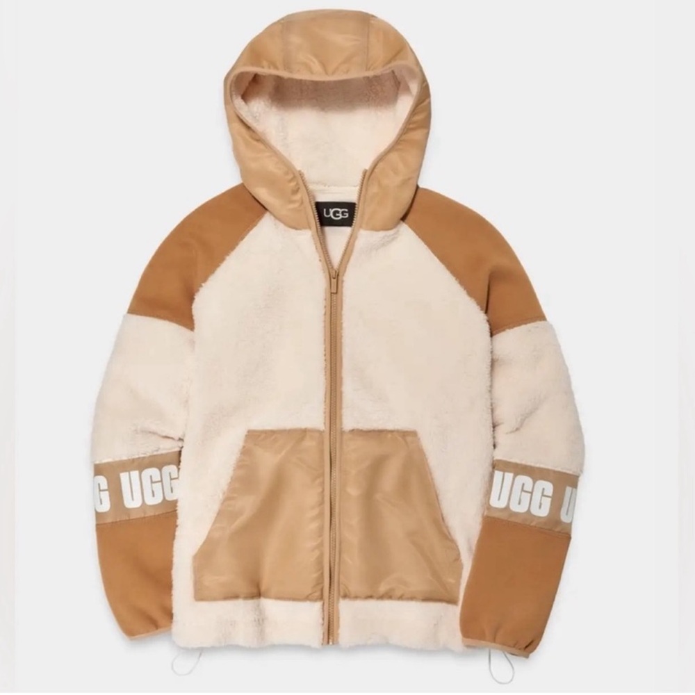 UGG Cream and Tan Hooded Teddy Sherpa Jacket with Logo Sleeve Bands
